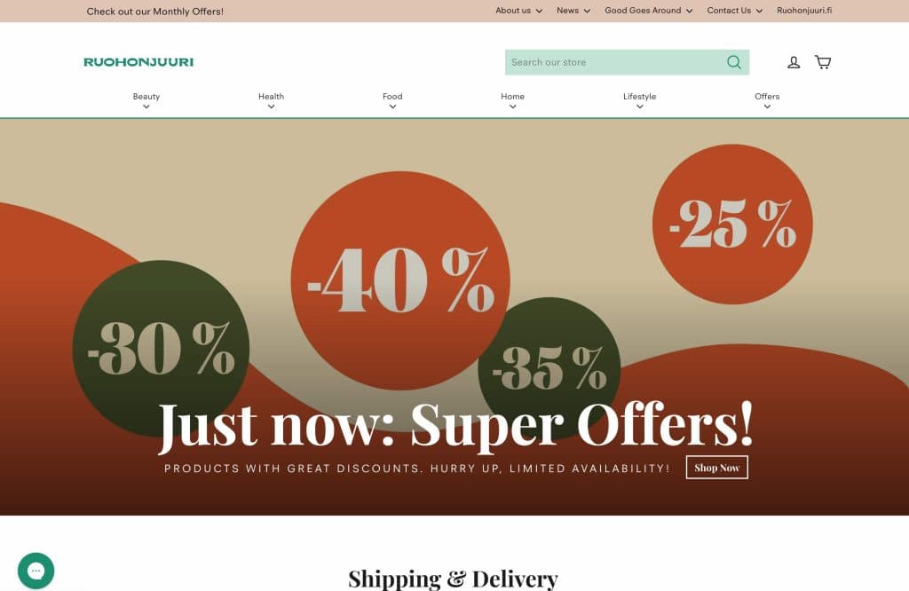 Ruohonjuuri front page of their ecommerce store