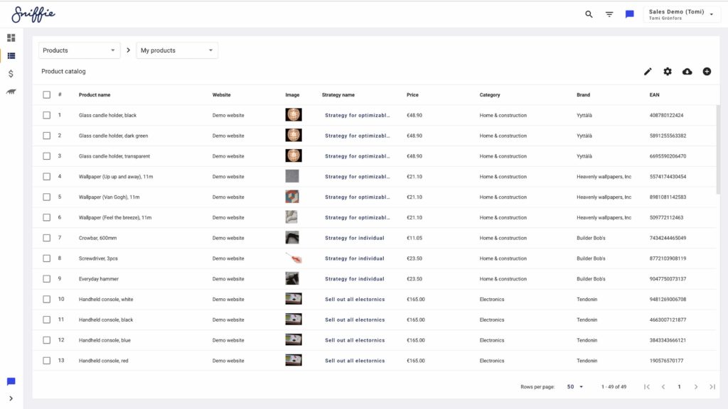 Product data view in Sniffie - Data tables