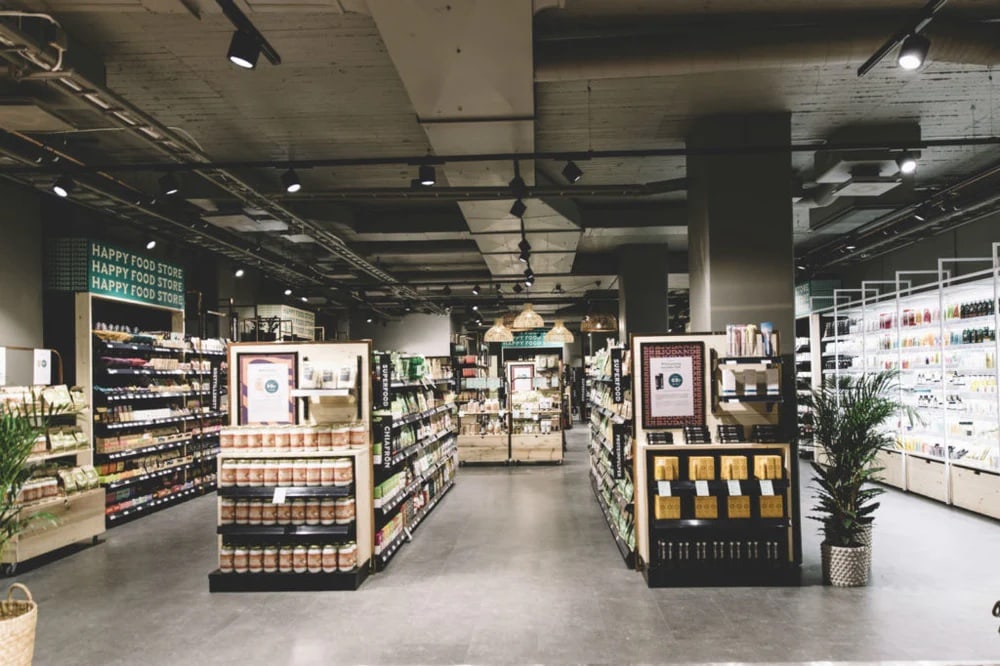 Ruohonjuuri store with shelves of products